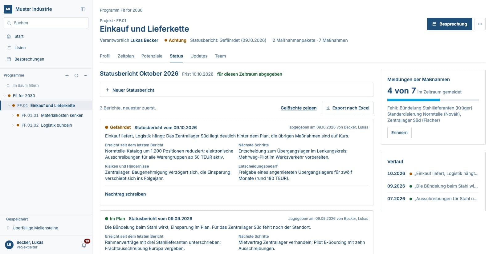 Statusbericht mit vorbereitetem Entwurf, Meldungen der Maßnahmen und Verlauf.