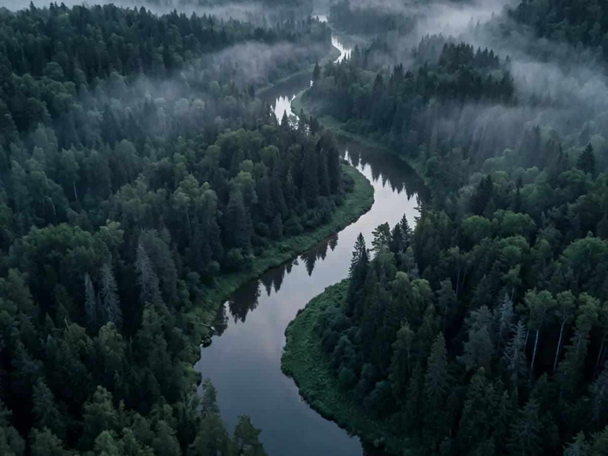 Flusslauf durch nebligen Wald aus der Luft